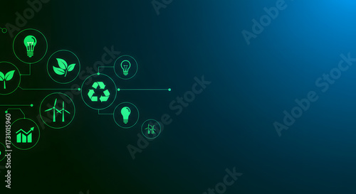 Wallpaper Mural Green energy and sustainability icons connected by lines on a dark blue to green gradient background. Torontodigital.ca