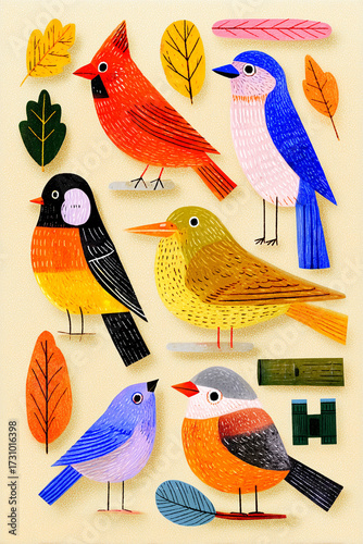Colorful illustrating birds and autumn leaves pattern