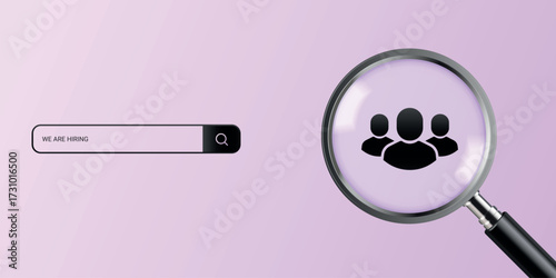 Magnifier search vacancy. Hire job recruitment advertising banner minimal design, vacant manpower hiring agency employment talent candidate work staff, exact vector illustration