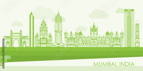 Green Skyline panorama of city of Mumbai, India - vector illustration
