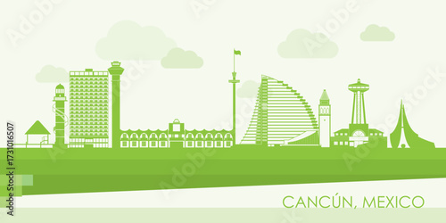 Green Skyline panorama of city of Cancun, Mexico - vector illustration