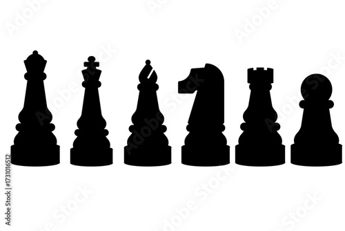 A complete set of black chess piece silhouettes arranged in a row on a white background.