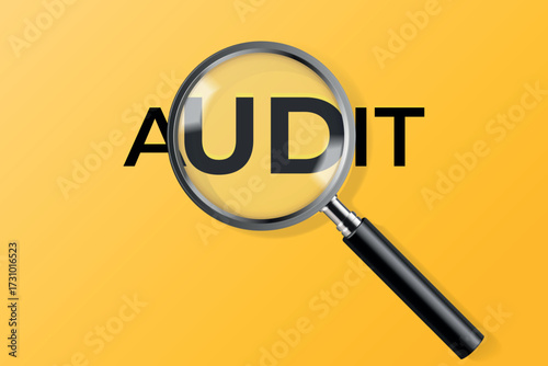 Magnifying glass audit. Internal business analysis concept, evaluate financial performance quality data document research risk assessment inspection, exact vector illustration
