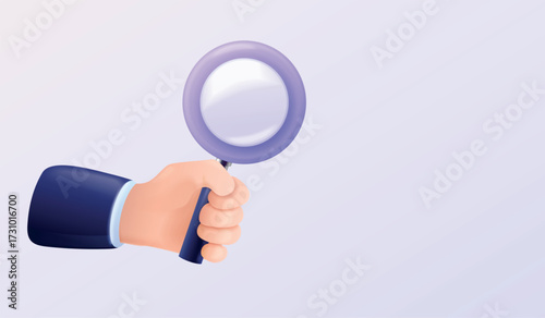 3d hand magnifying glass. Detective hand hold magnifier render icon, magnify lens inspect data analyze search look zoom focus vision find research info, exact vector illustration