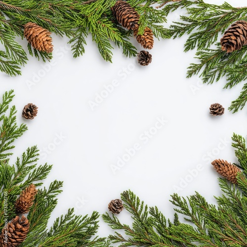 Christmas frame of greenery and pinecones