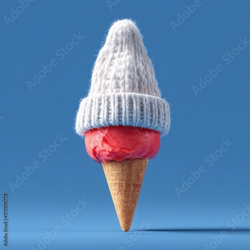 Pink ice cream scoop, topped with a knitted beanie, on a cone