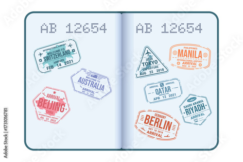 Open passport with stamps. Travel stamp in visa, International airport usa legal immigration foreign country passports page airplane identification sign, kicky vector illustration