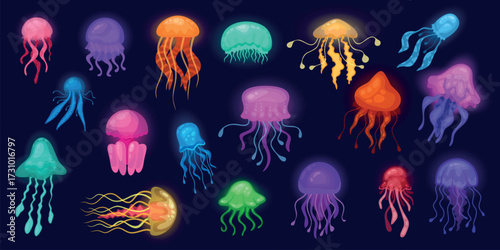 Glowing jellyfish. Cartoon medusa, neon jelly fish sea deep fantasy creature magic exotic underwater animal ocean beautiful marine fauna aquatic life, kicky vector illustration