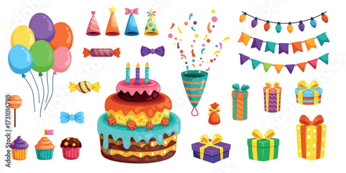 Cartoon birthday party decorations. Cake, color balloon kid hat gift presents box anniversary celebration cute elements confetti garland ribbon set, kicky vector illustration