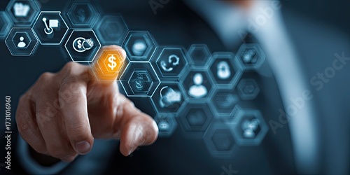 Businessperson's finger interacts with a holographic interface displaying financial and communication icons