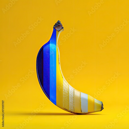 Colorful banana on vibrant yellow backdrop.  Striped design.  Abstract.  Fruit