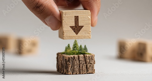 A hand places a wooden block with a downward arrow over a small wooden stump with miniature trees