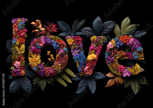 Colorful floral arrangement spelling out 