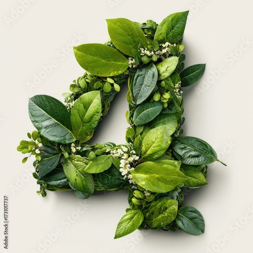 Number four formed by vibrant green leaves and small white flowers