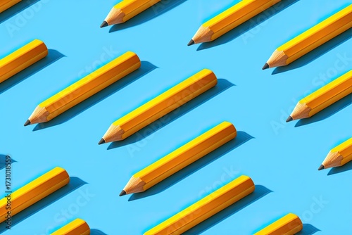 Yellow pencils arranged in a diagonal pattern on a light blue background