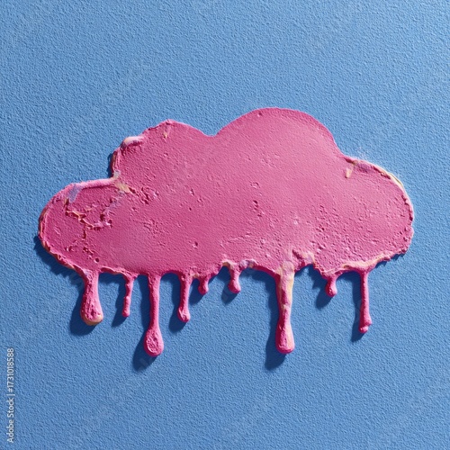 Pink cloud shape dripping with a textured, light, creamy, blush-toned liquid on a bright, vibrant, periwinkle background