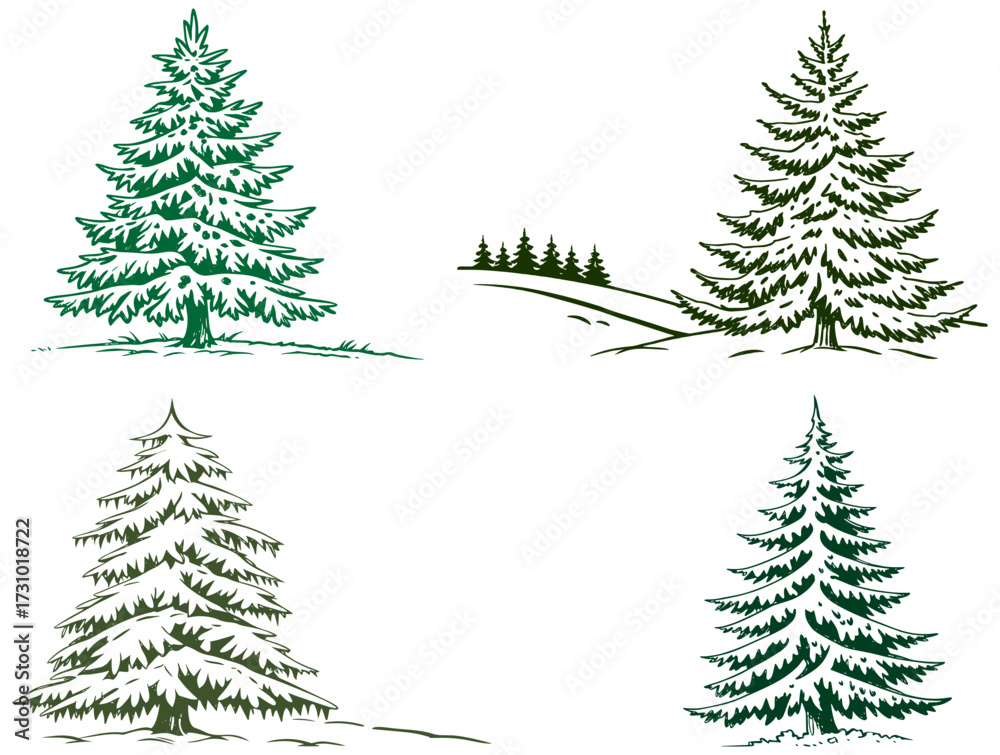 Obraz premium Forest tree in the snow. Set of tree sketches. Vector graphics
