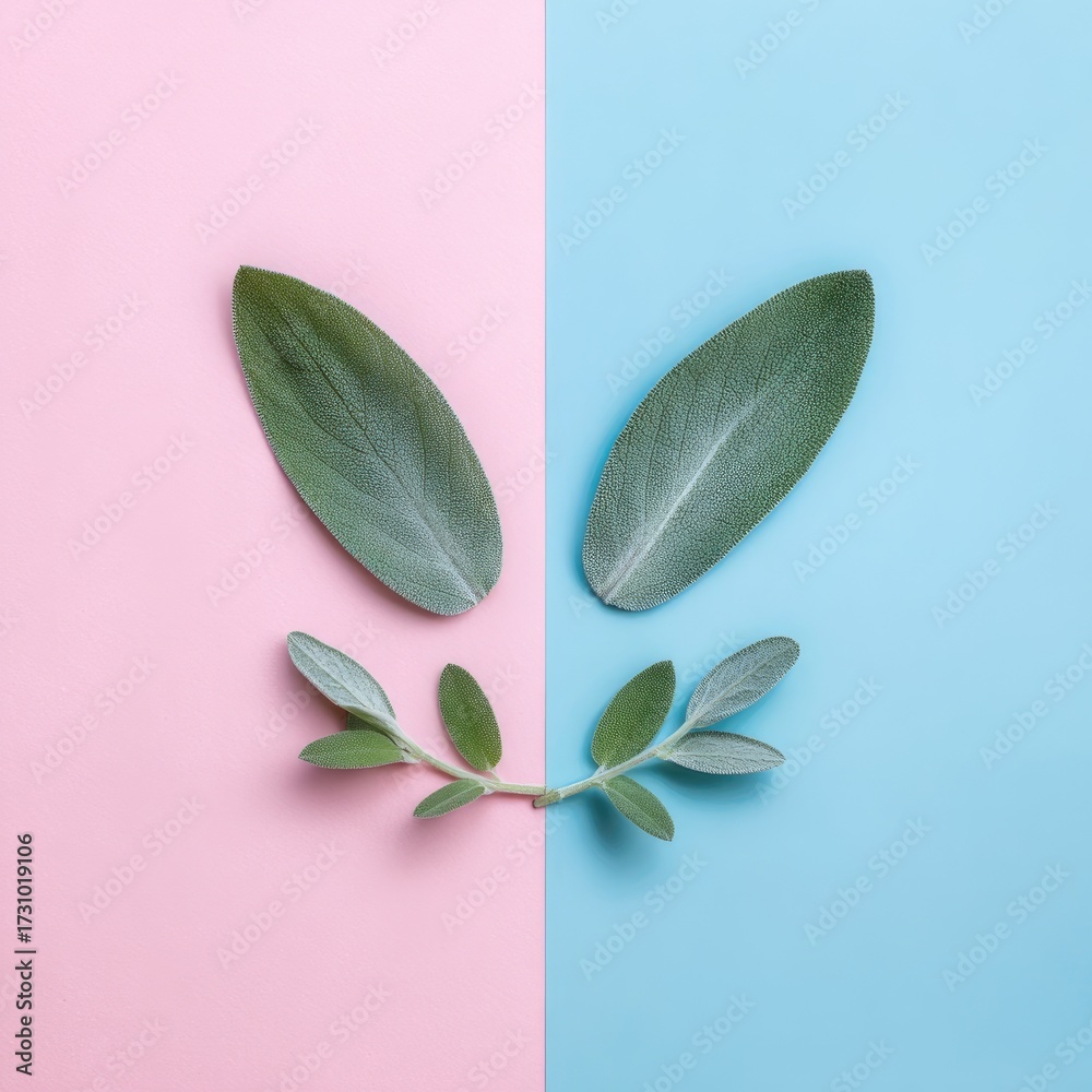 Obraz premium Two light green leaves arranged to resemble bunny ears, positioned on a pink and blue background