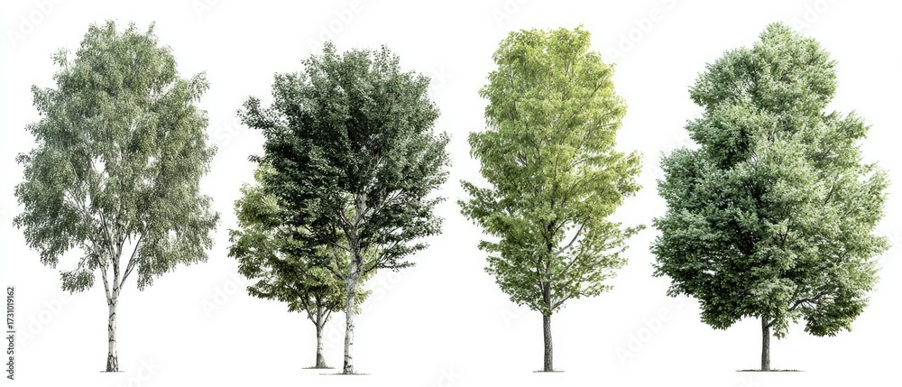 Fototapeta premium Four diverse deciduous trees against a white background