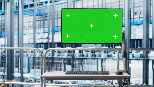 Green screen monitor displaying analytics dashboard for Industry 4.0 smart factory equipment. Industrial plant mockup display visualizing robotic arms performance and metrics from sensor data