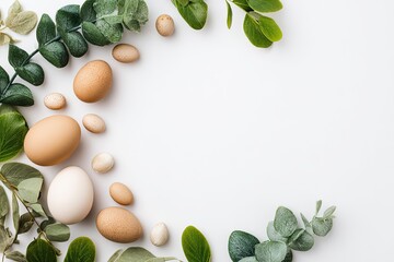Eggs and greenery border on white