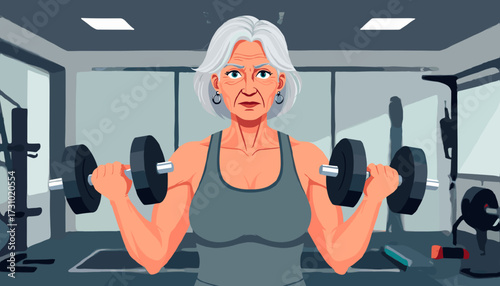 Elderly woman lifting dumbbells in a gym environment showcasing strength and fitness