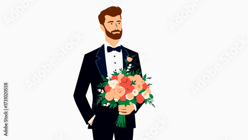 Groom in a tuxedo holding a beautiful bouquet of flowers with a stylish appearance