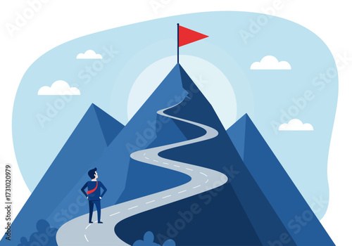 Man standing at the beginning of a winding road leading up a mountain to a flag on the summit representing the journey towards achieving goals and success