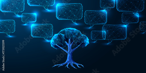 AI nature and knowledge network concept with digital tree and polygonal speech bubble communication
