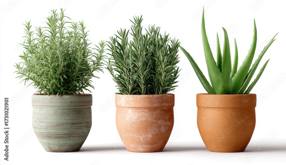 Fototapeta premium Three potted herbs against white