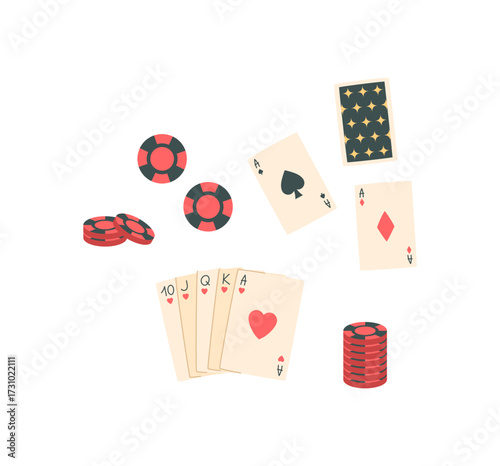 Poker card game on table. Casino chips and playing cards create entertainment and recreation. Flat style boardgame concept for leisure, strategy, tournament activities.