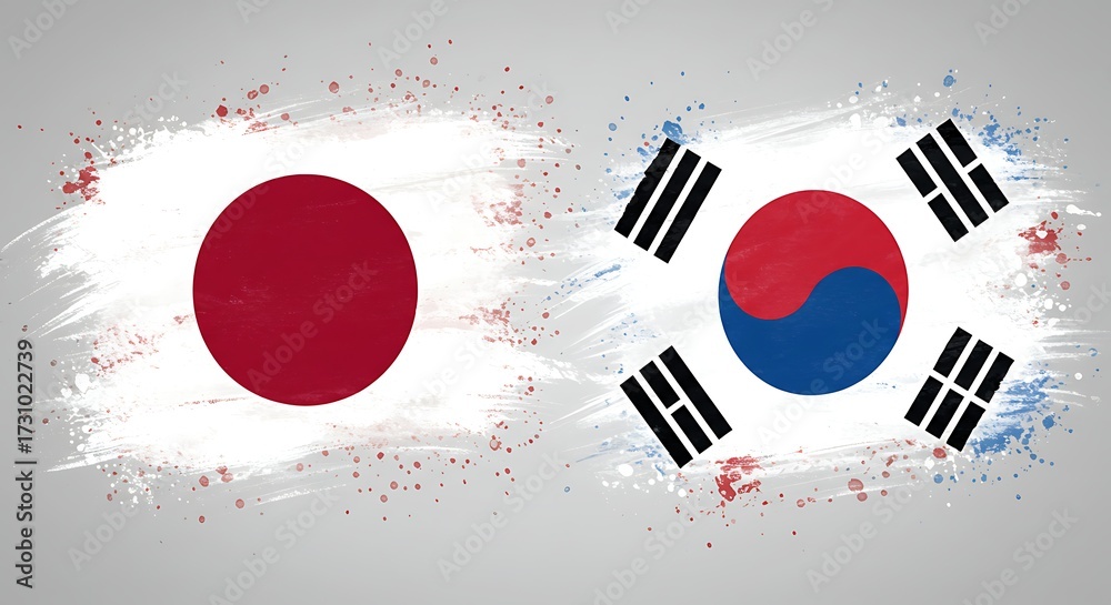 Obraz premium Japanese and south korean flags with brush stroke effect for conceptual design