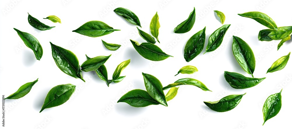 Naklejka premium Fresh tea leaves scattered on a white background