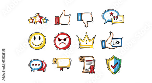 Hand Drawn Social Media Feedback Icons Set Likes Dislikes Ratings and Customer Review Symbols