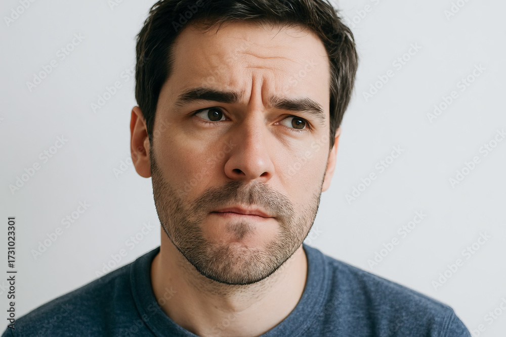 Obraz premium Thoughtful man with a contemplative expression looking upward on a neutral background. concept of pondering, reflection, thoughtful mood