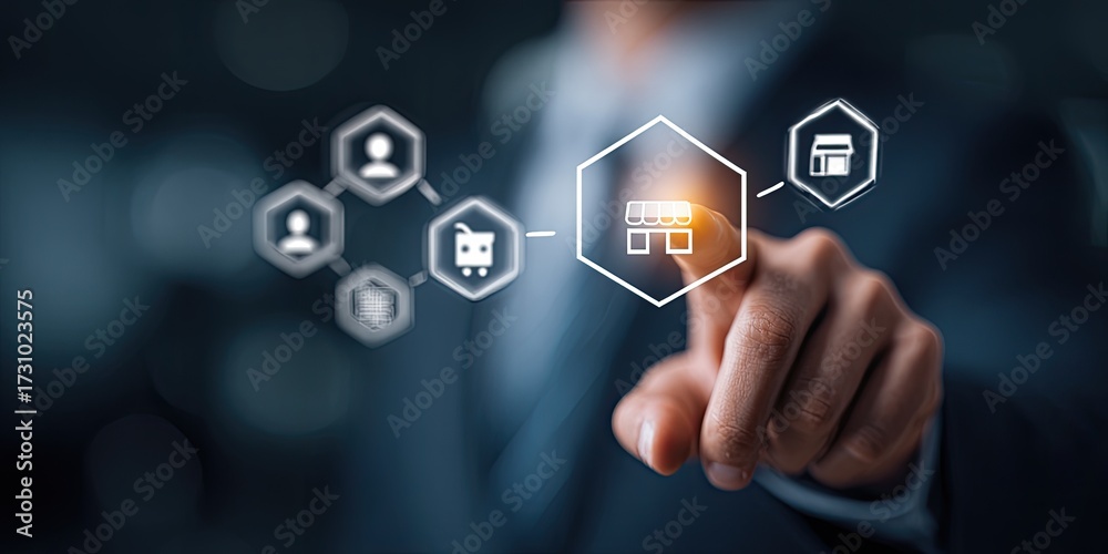 Fototapeta premium Businessman's finger interacts with a digital storefront interface, highlighting a network of interconnected icons