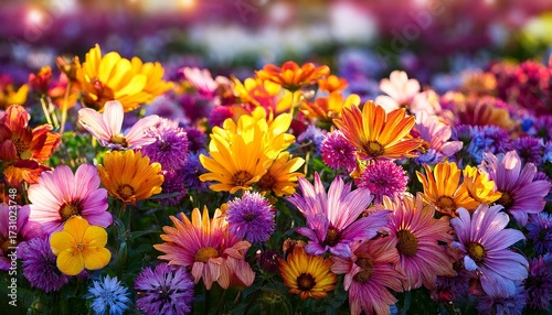 Beautiful Background With Bright Flowers In A Flower Beds