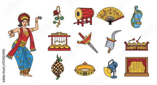 Traditional Javanese Culture Set Dancer Gamelan Instruments Keris and Props Illustration