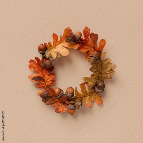 Autumn wreath of dried oak leaves and acorns.  Flat lay arrangement on a light beige background.  A circular frame, filled with colorful autumnal leaves,  and acorns