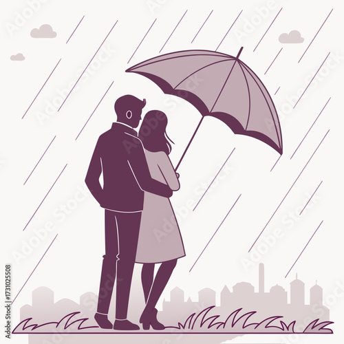 A couple embracing under an umbrella in the rain with a city skyline in the background in muted colors created with generated ai