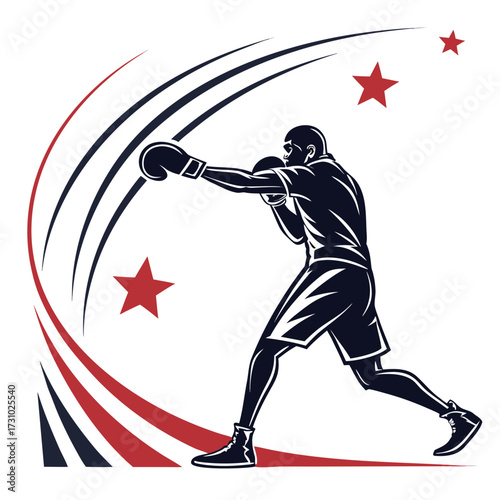 Illustration of a boxer in action pose with stars and swooshes in a dynamic composition style created with generated ai
