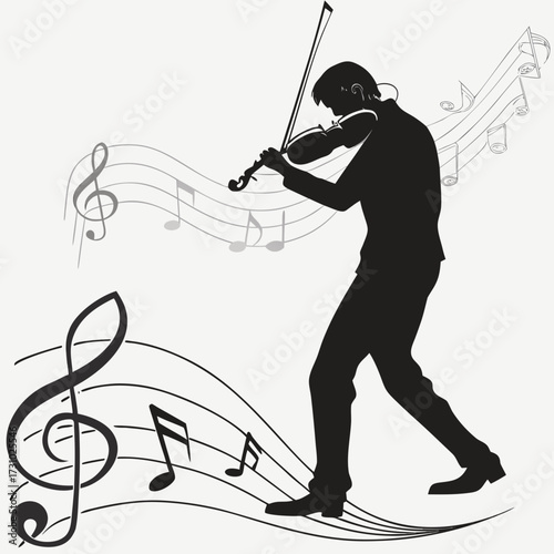 Silhouette of a man playing the violin with musical notes and staff lines surrounding the figure art created with generated ai