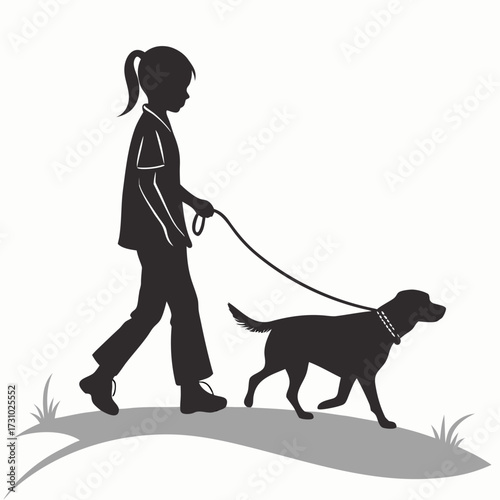 Silhouette of a girl walking a dog on a leash in a park with grass and a path under a bright sky created with generated ai