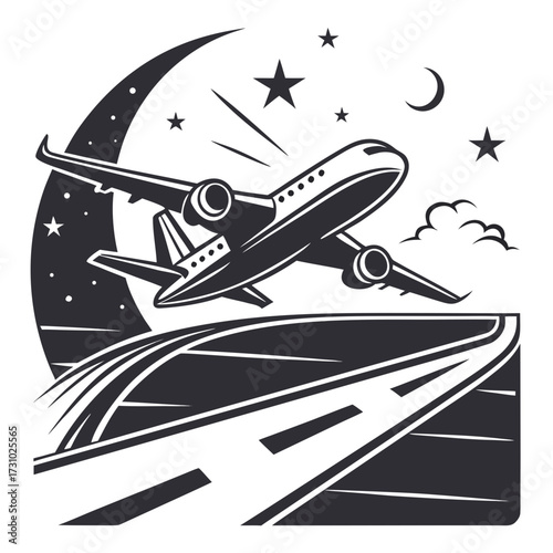 Airplane taking off at night with moon and stars in monochrome illustration style with runway below created with generated ai