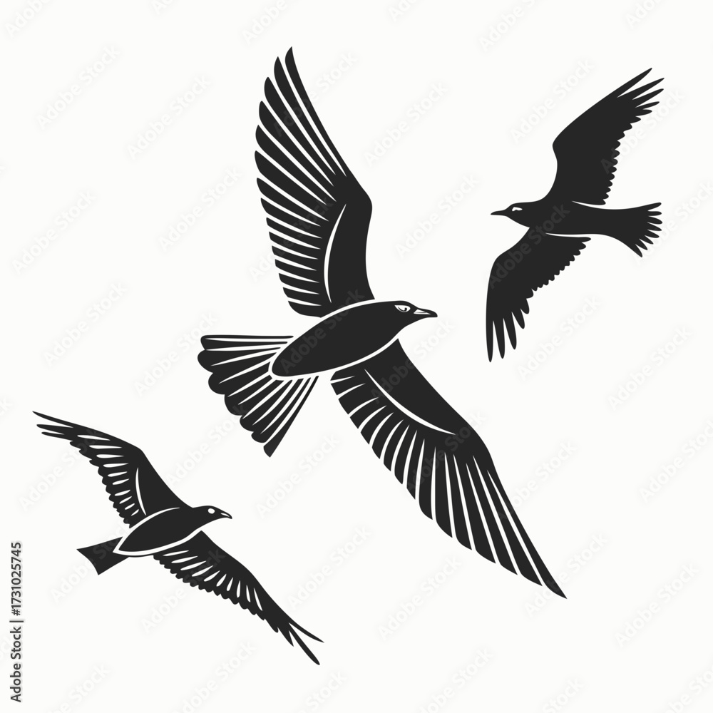 Fototapeta premium Three black birds in flight with detailed wing feathering against a white background in a vector style created with generated ai