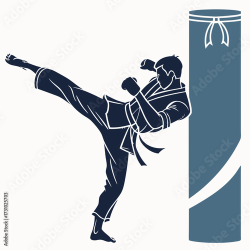 Silhouette of a martial artist kicking a punching bag in a dynamic pose for training and exercise created with generated ai