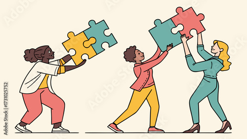 Three women collaborating to connect colorful puzzle pieces in a teamwork illustration style created with generated ai