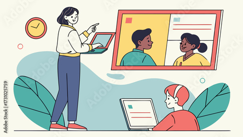Woman presenting on laptop with video call and student learning on laptop in a leafy background created with generated ai