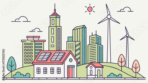 Illustration of a sustainable city with solar panels and wind turbines in a modern design style created with generated ai