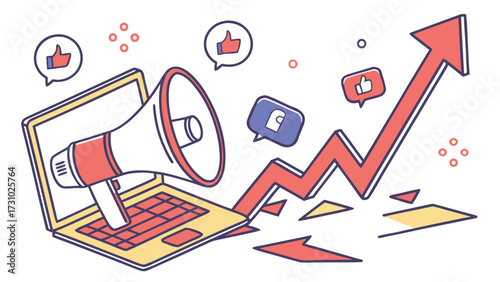 Laptop with megaphone, arrow pointing up, and speech bubbles indicating likes and comments showing growth created with generated ai